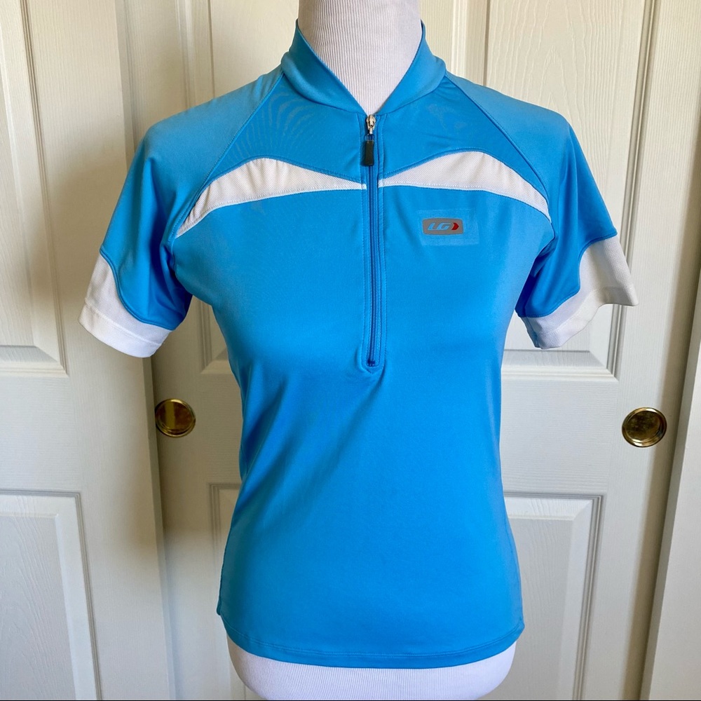 Louis Garneau Womens Blue White Cycling Jersey Half Zip Back Pockets Sz Med